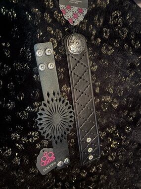 NWT Lot of 2  Black Laser-Cut & Quilted Faux Leather Punk Cuff Set